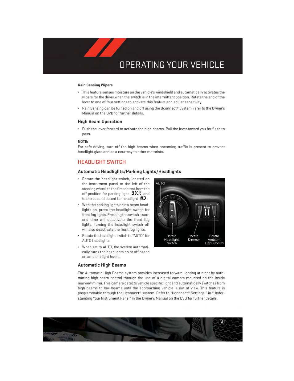 High beam operation, Headlight switch, Automatic headlights/parking lights/headlights | Automatic high beams, Operating your vehicle | Dodge 2014 Charger - User Guide User Manual | Page 33 / 148