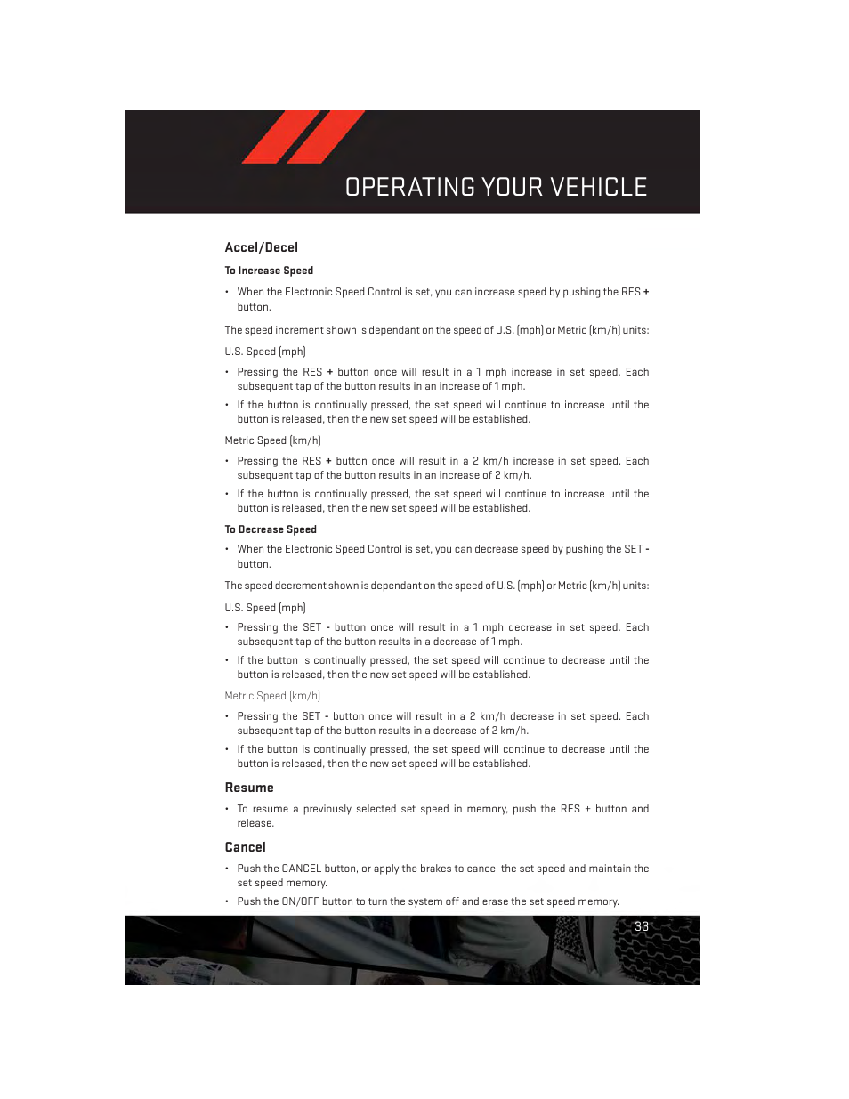 Accel/decel, Resume, Cancel | Operating your vehicle | Dodge 2014 Charger - User Guide User Manual | Page 35 / 148