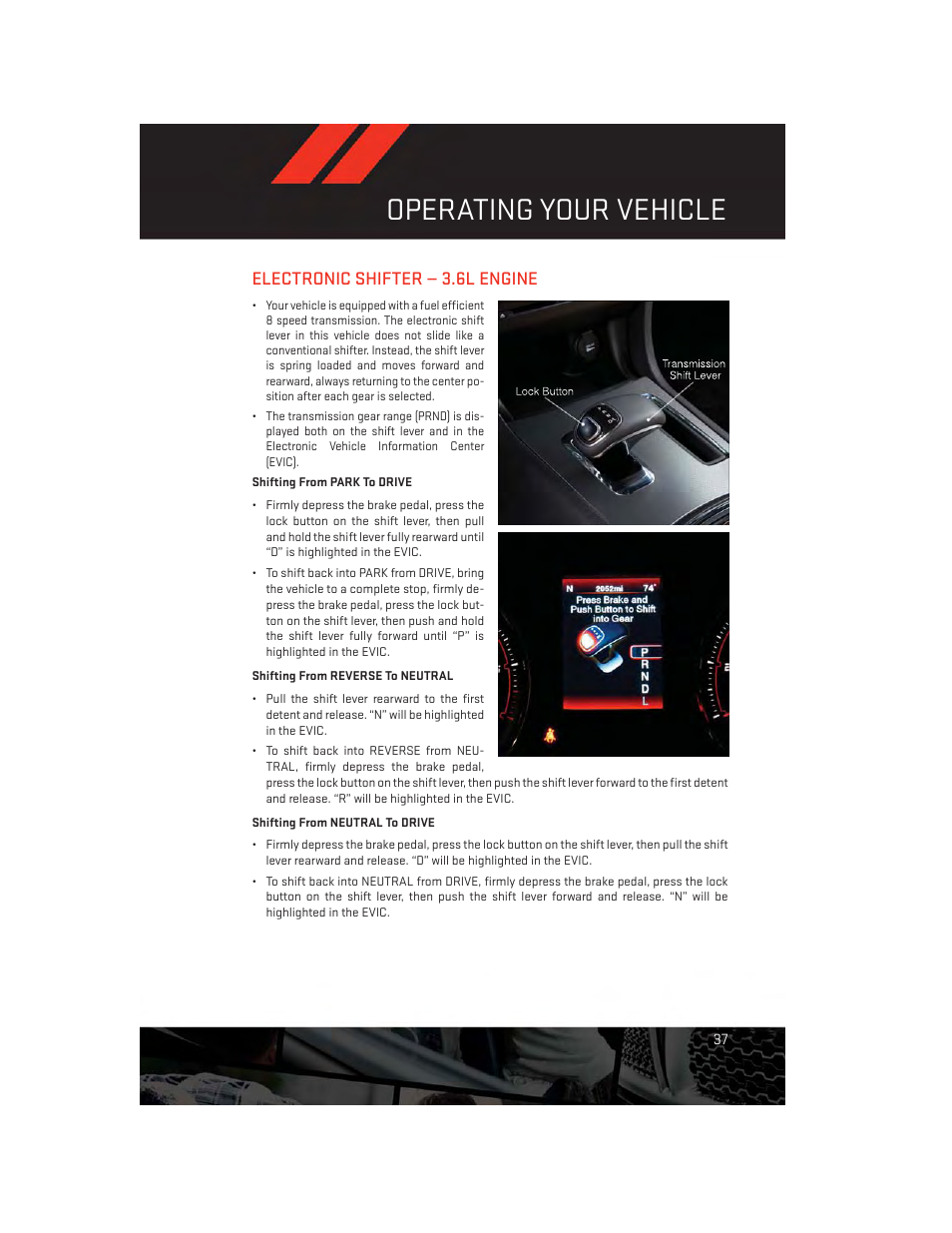 Electronic shifter — 3.6l engine, Operating your vehicle | Dodge 2014 Charger - User Guide User Manual | Page 39 / 148