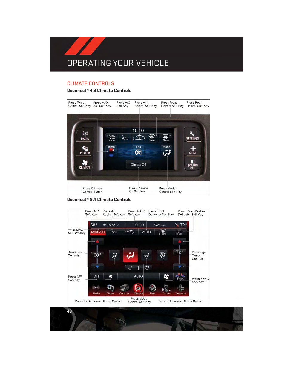 Climate controls, Uconnect® 4.3 climate controls, Uconnect® 8.4 climate controls | Operating your vehicle | Dodge 2014 Charger - User Guide User Manual | Page 42 / 148