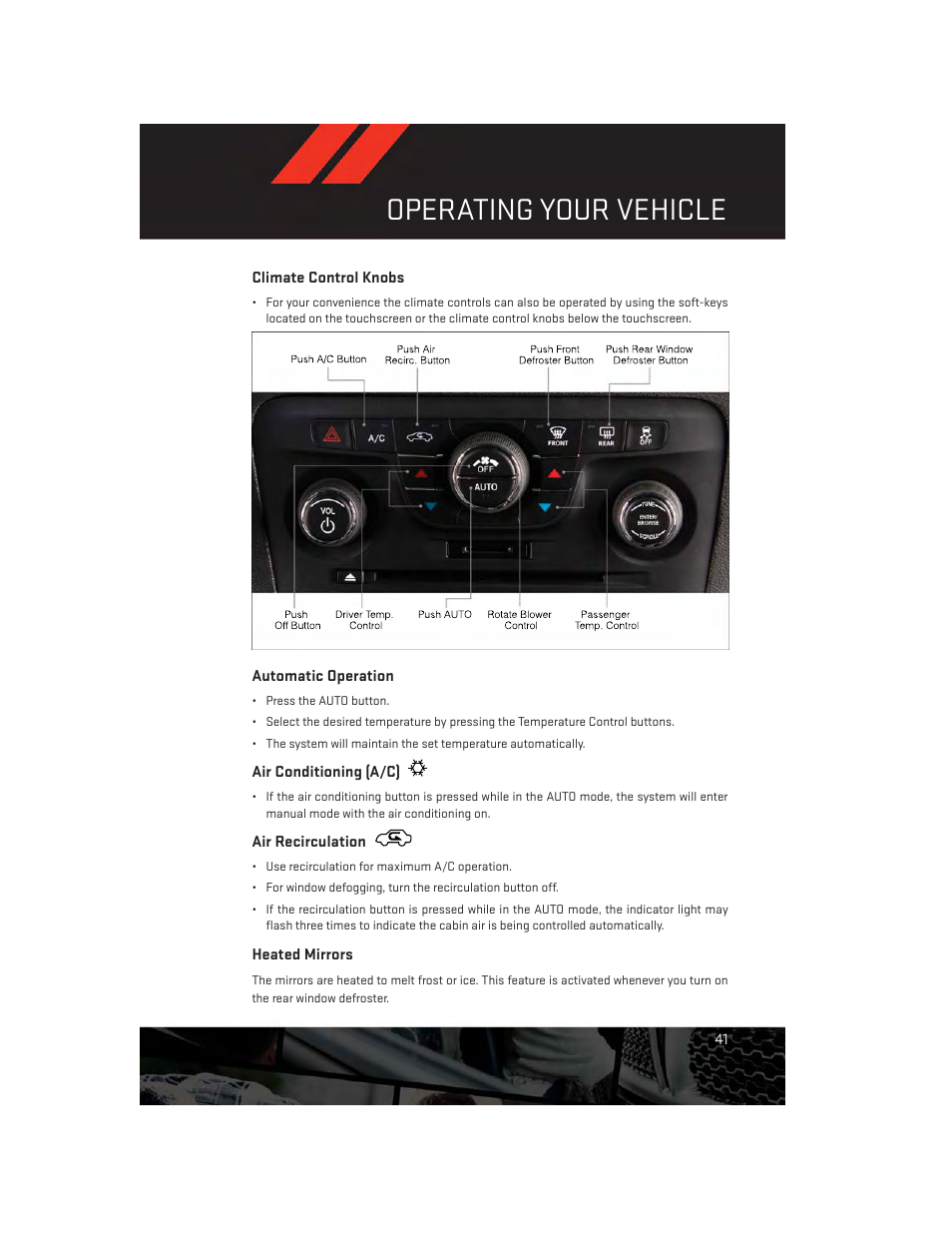 Climate control knobs, Automatic operation, Air conditioning (a/c) | Air recirculation, Heated mirrors, Operating your vehicle | Dodge 2014 Charger - User Guide User Manual | Page 43 / 148