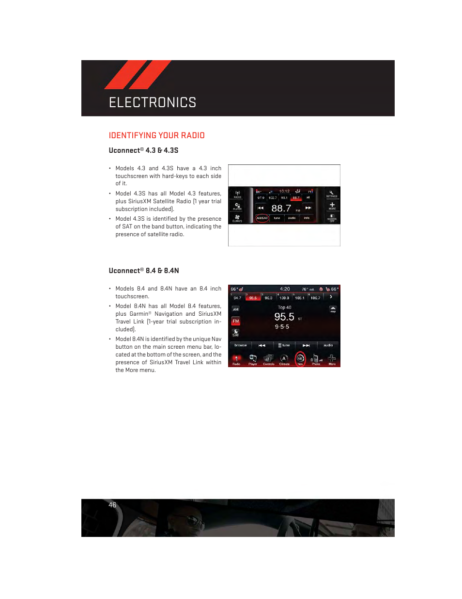 Identifying your radio, Uconnect® 4.3 & 4.3s, Uconnect® 8.4 & 8.4n | Electronics | Dodge 2014 Charger - User Guide User Manual | Page 48 / 148