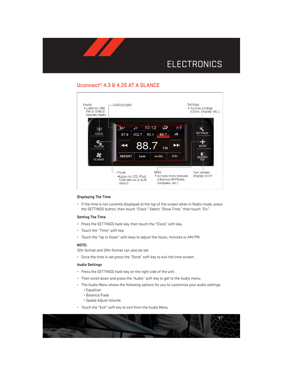 Uconnect® 4.3 & 4.3s at a glance, Electronics | Dodge 2014 Charger - User Guide User Manual | Page 49 / 148