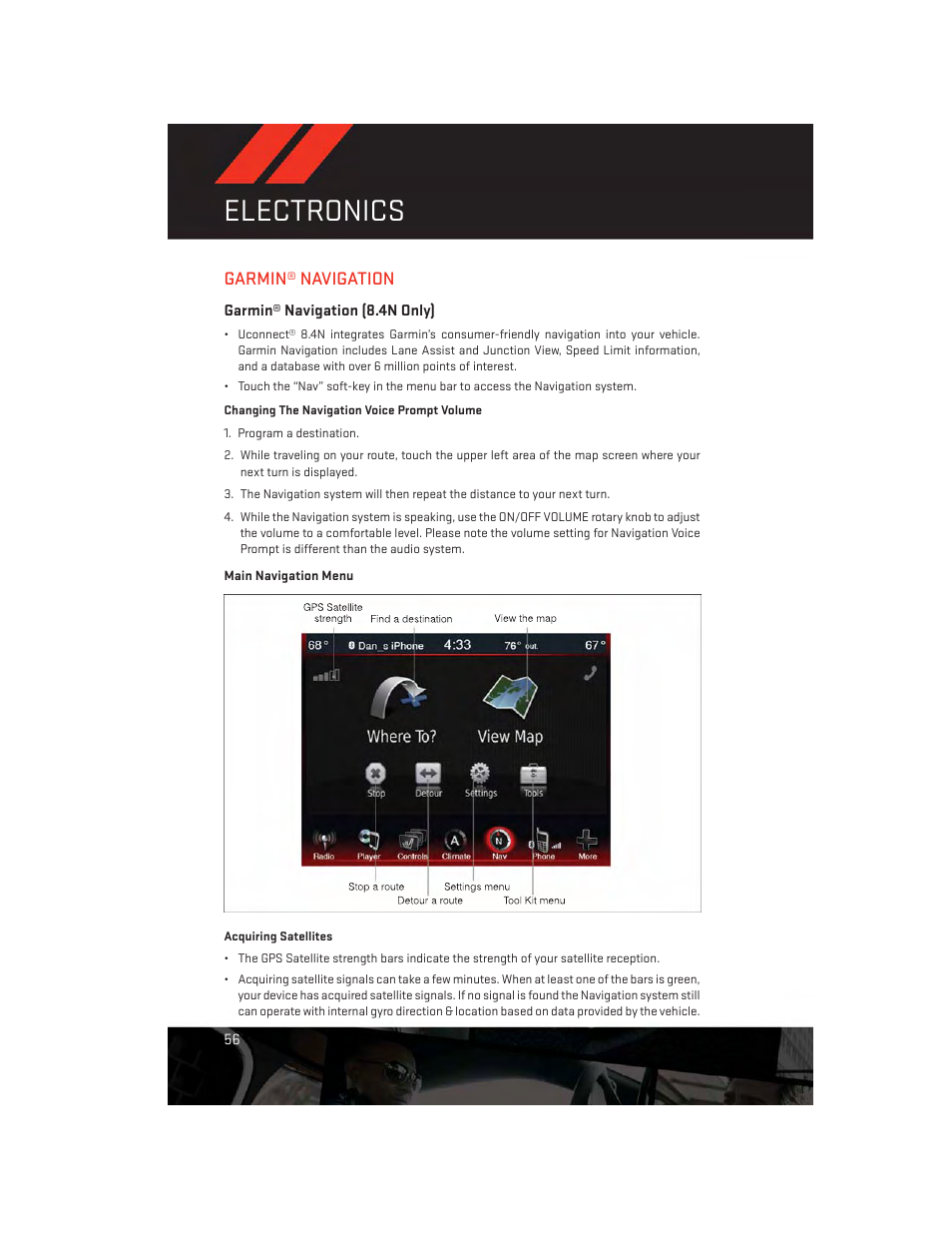 Garmin® navigation, Garmin® navigation (8.4n only), Electronics | Dodge 2014 Charger - User Guide User Manual | Page 58 / 148