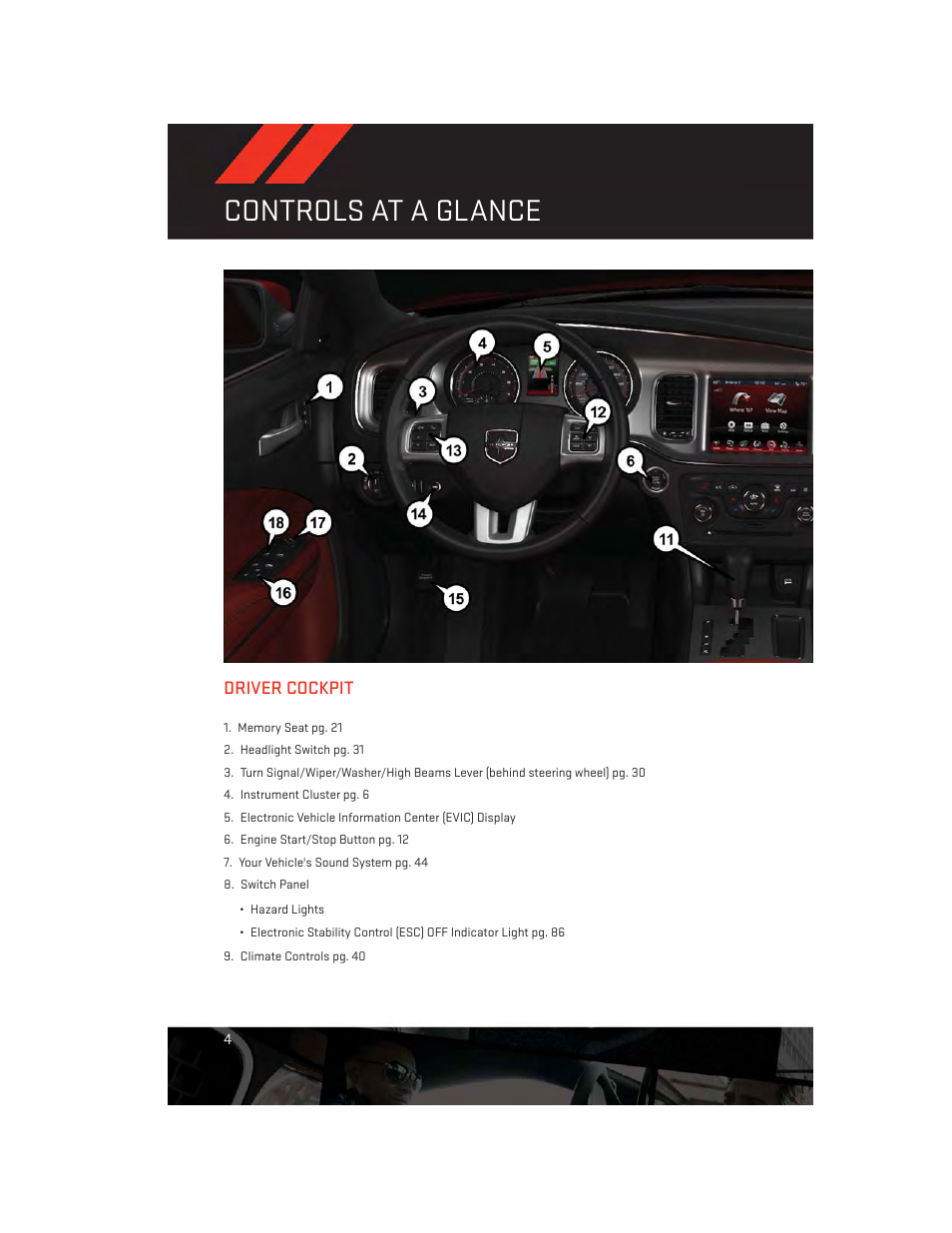 Controls at a glance, Driver cockpit | Dodge 2014 Charger - User Guide User Manual | Page 6 / 148