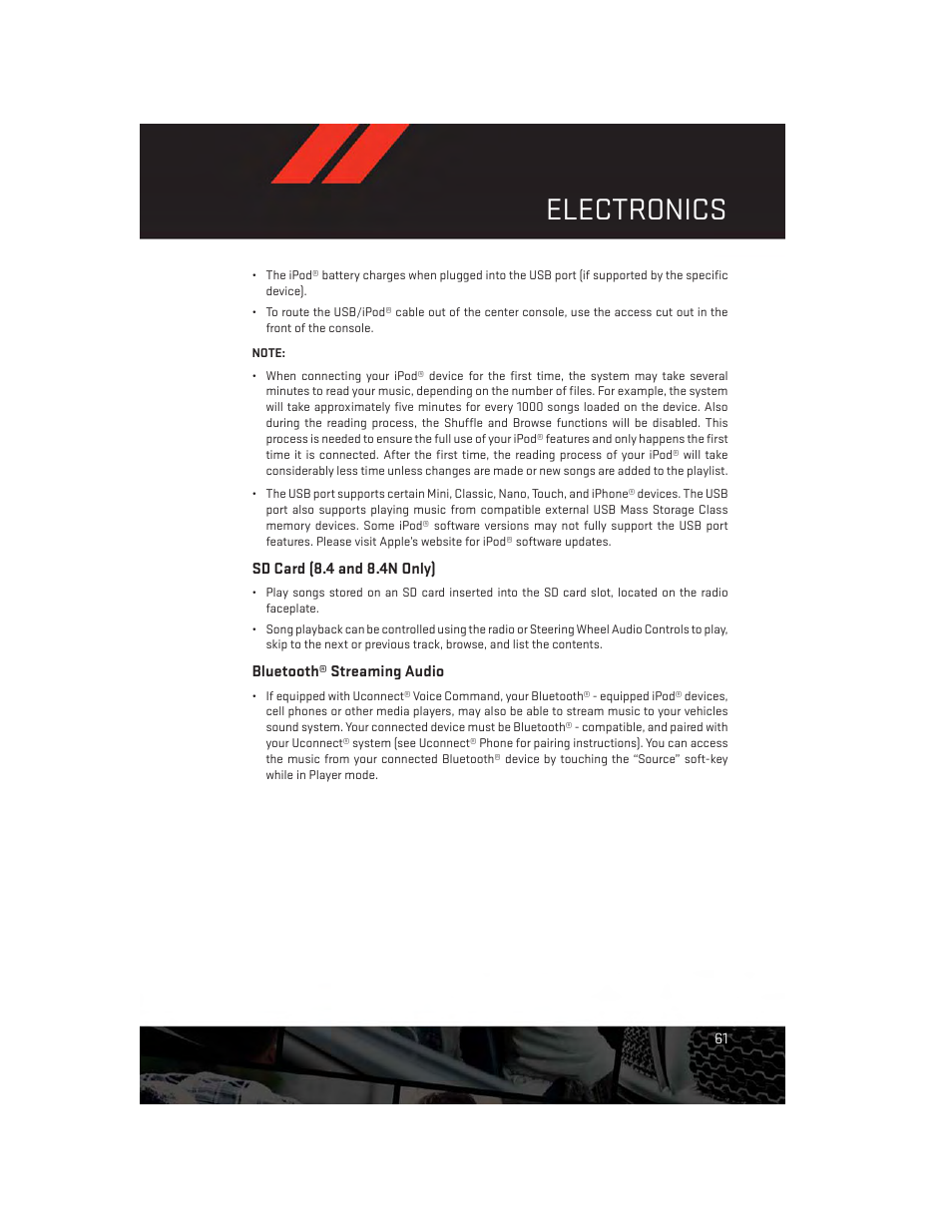 Sd card (8.4 and 8.4n only), Bluetooth® streaming audio, Electronics | Dodge 2014 Charger - User Guide User Manual | Page 63 / 148