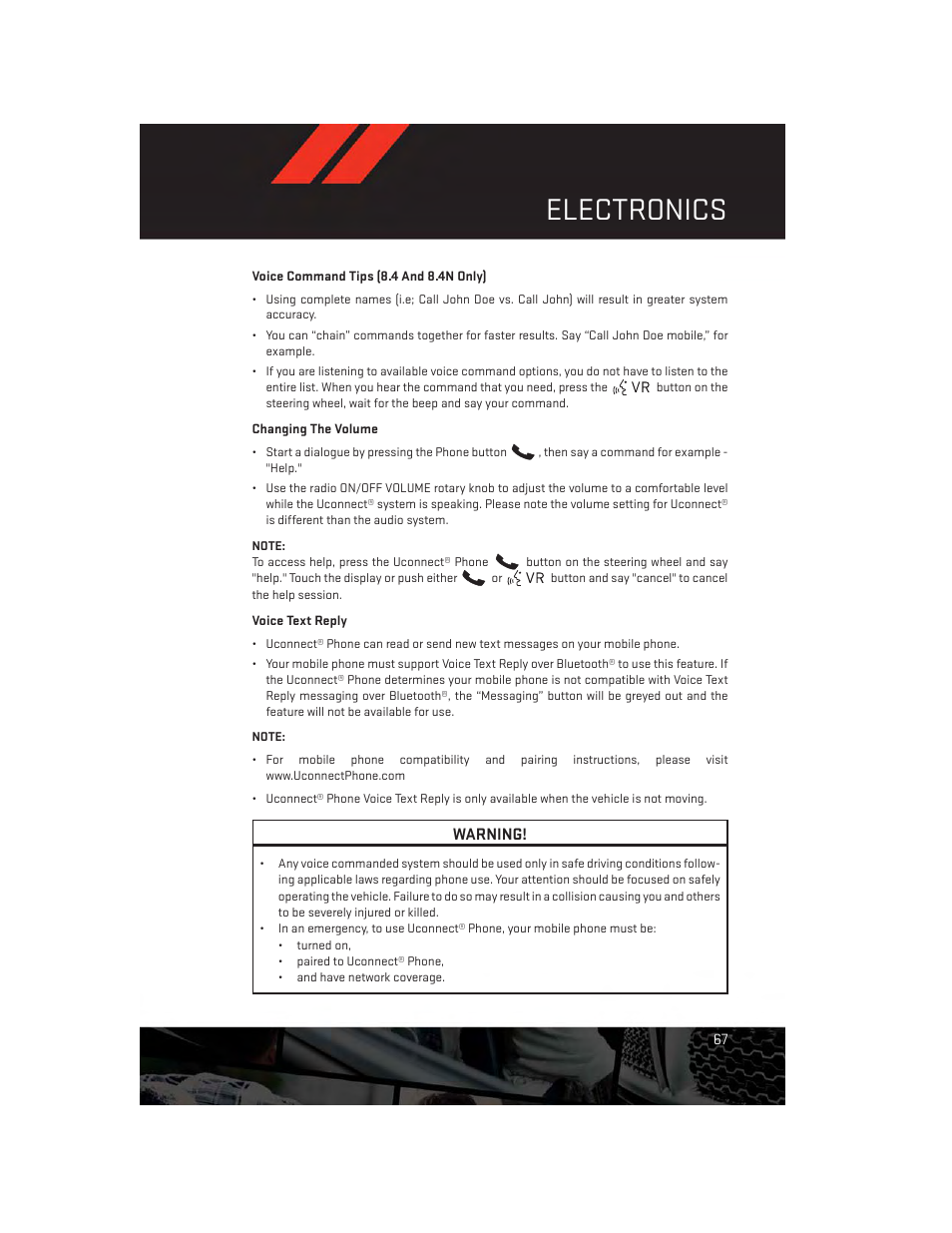 Electronics, Warning | Dodge 2014 Charger - User Guide User Manual | Page 69 / 148