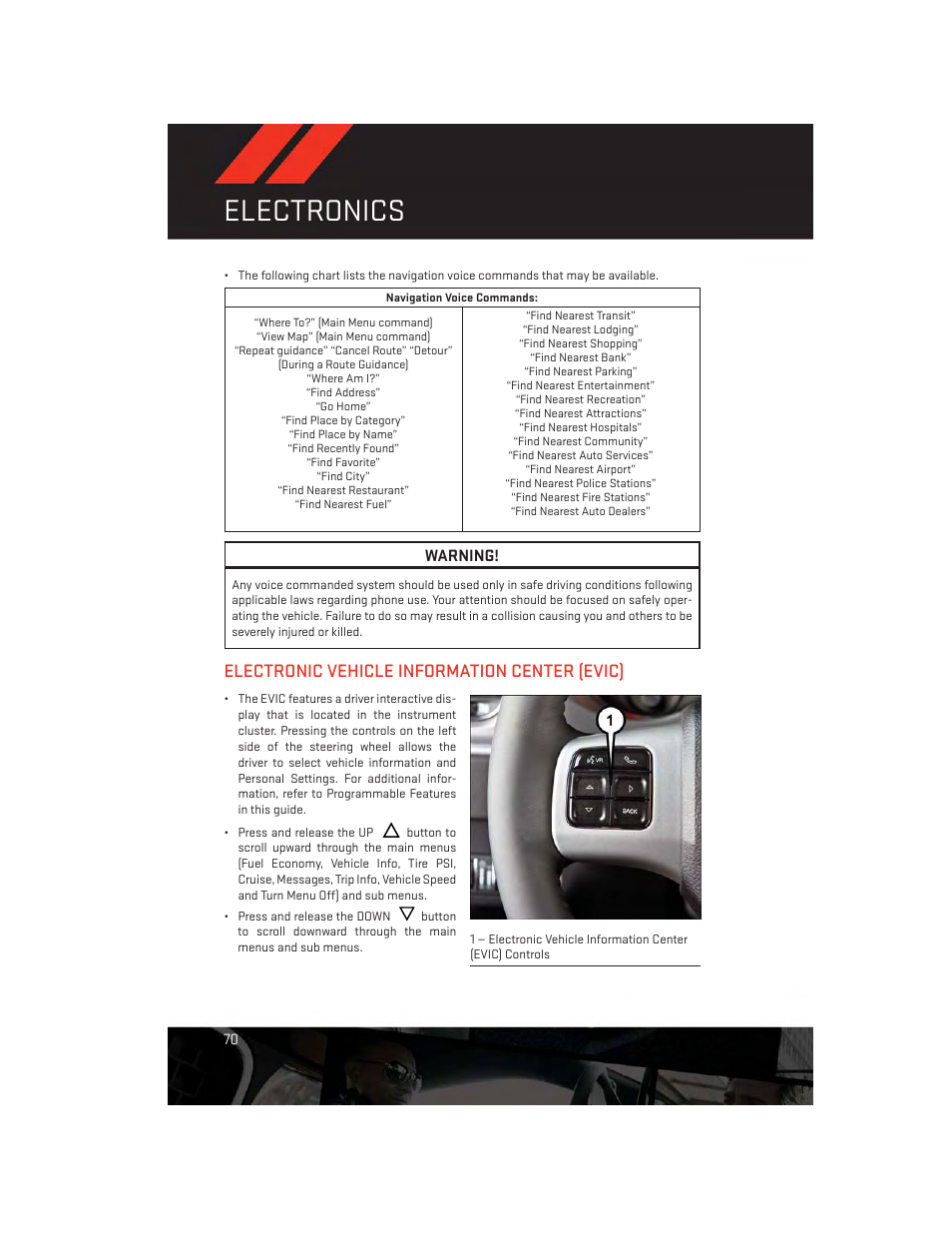 Electronic vehicle information center (evic), Electronics, Warning | Dodge 2014 Charger - User Guide User Manual | Page 72 / 148