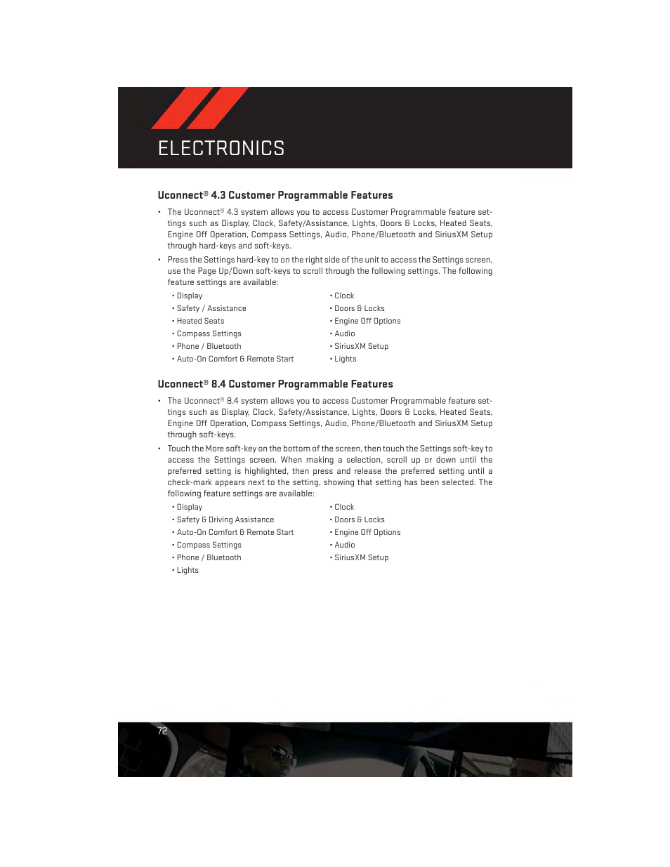 Uconnect® 4.3 customer programmable features, Uconnect® 8.4 customer programmable features, Electronics | Dodge 2014 Charger - User Guide User Manual | Page 74 / 148