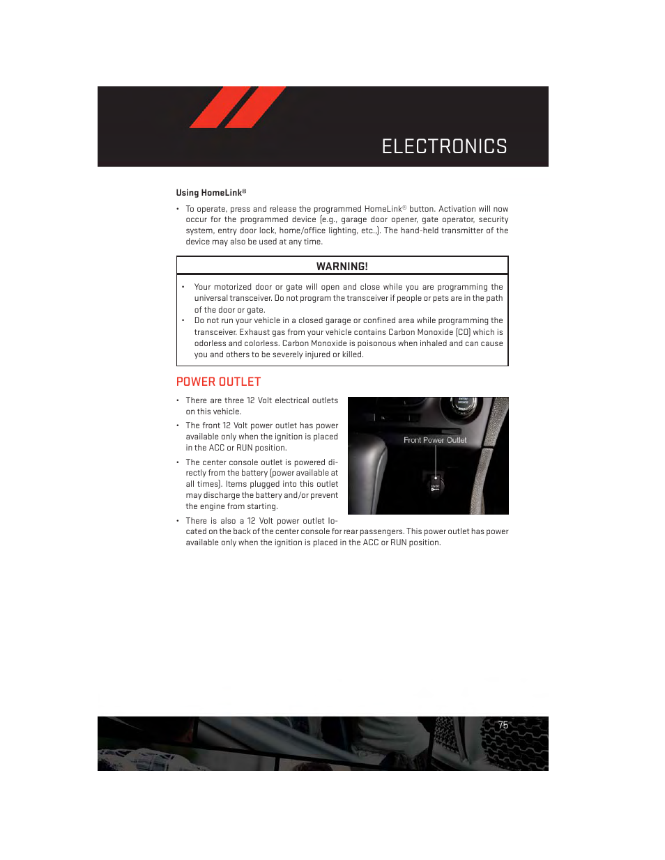 Power outlet, Electronics | Dodge 2014 Charger - User Guide User Manual | Page 77 / 148