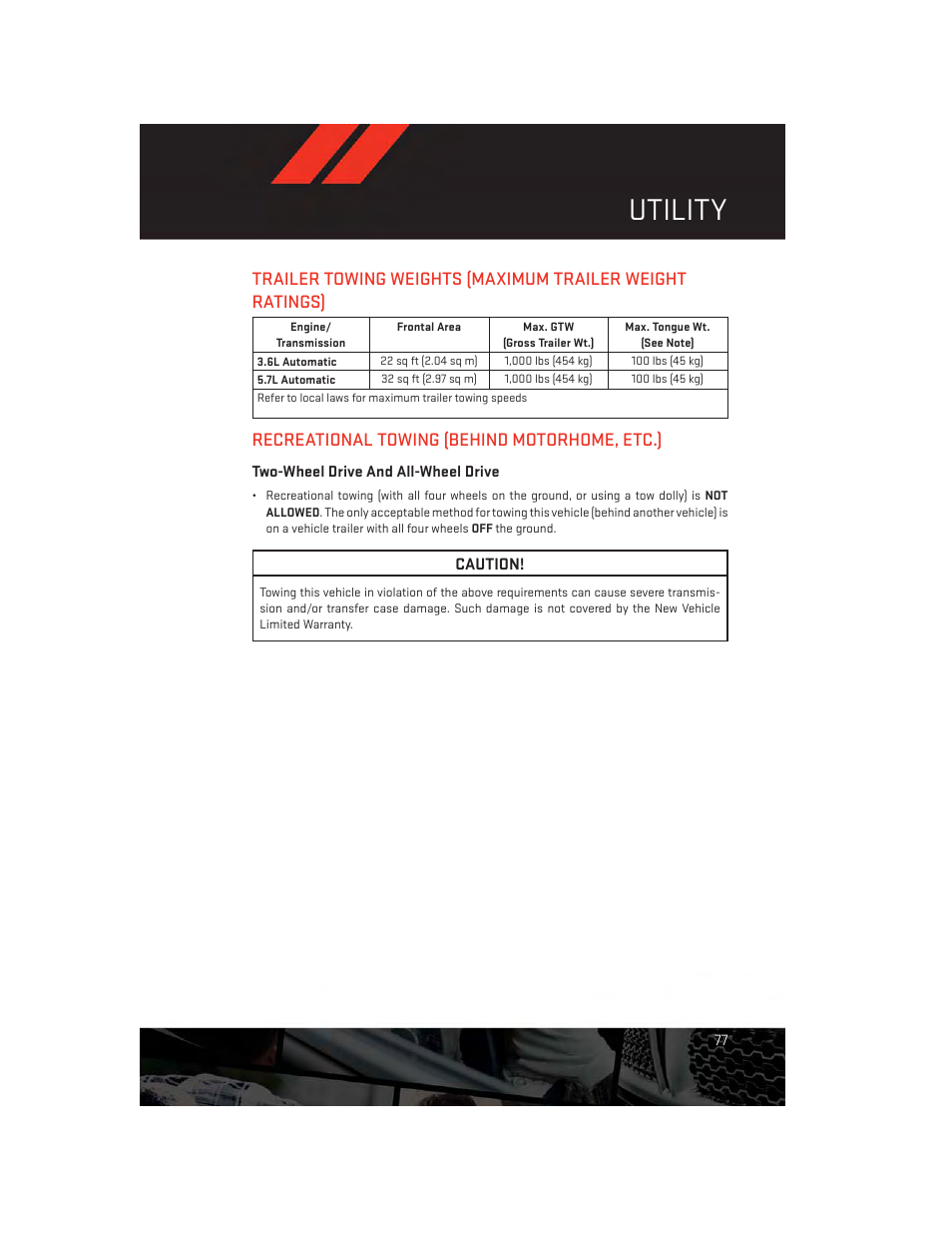 Utility, Recreational towing (behind motorhome, etc.), Two-wheel drive and all-wheel drive | Dodge 2014 Charger - User Guide User Manual | Page 79 / 148