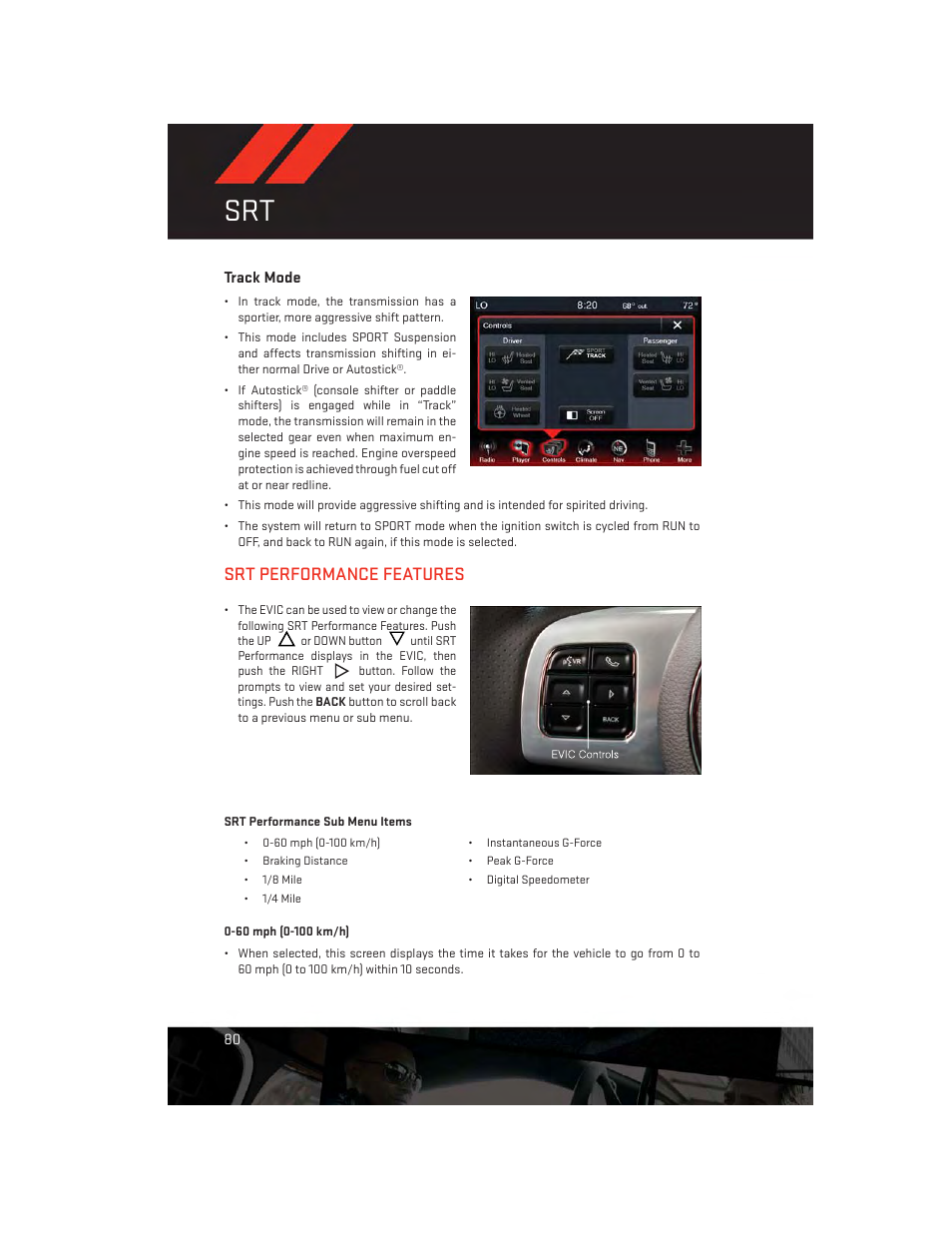 Track mode, Srt performance features | Dodge 2014 Charger - User Guide User Manual | Page 82 / 148