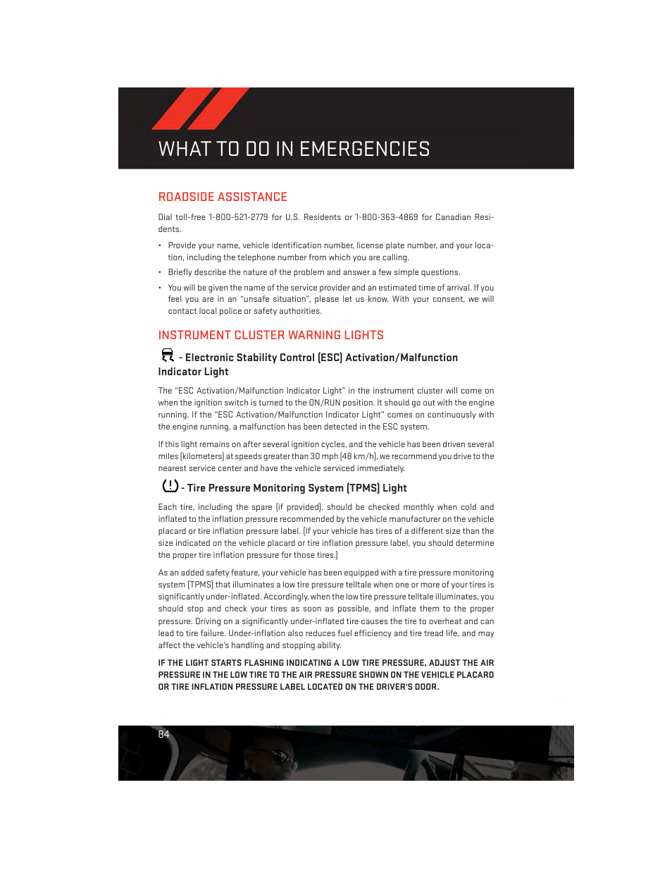 What to do in emergencies, Roadside assistance, Instrument cluster warning lights | Tire pressure monitoring system (tpms) light | Dodge 2014 Charger - User Guide User Manual | Page 86 / 148