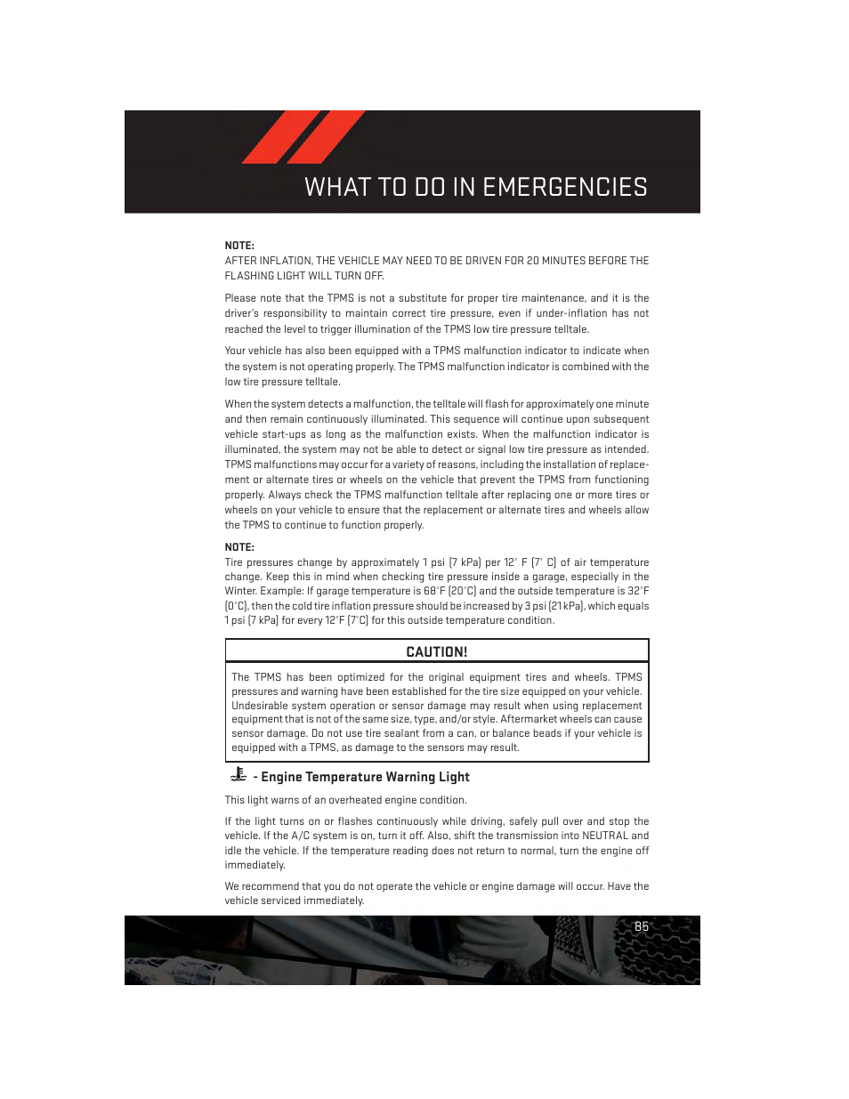 Engine temperature warning light, What to do in emergencies | Dodge 2014 Charger - User Guide User Manual | Page 87 / 148