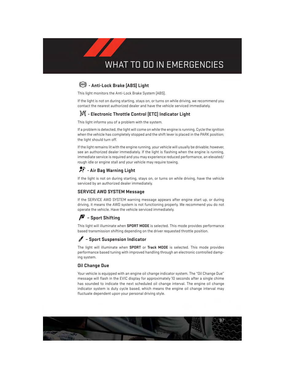 Anti-lock brake (abs) light, Electronic throttle control (etc) indicator light, Air bag warning light | Service awd system message, Sport shifting, Sport suspension indicator, Oil change due, What to do in emergencies | Dodge 2014 Charger - User Guide User Manual | Page 89 / 148