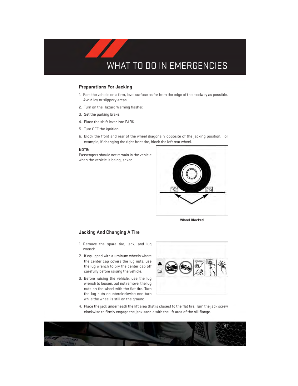 Preparations for jacking, Jacking and changing a tire, What to do in emergencies | Dodge 2014 Charger - User Guide User Manual | Page 93 / 148