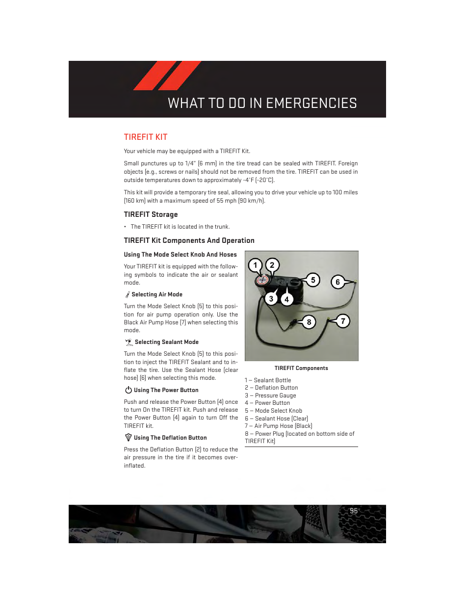 Tirefit kit, Tirefit storage, Tirefit kit components and operation | What to do in emergencies | Dodge 2014 Charger - User Guide User Manual | Page 97 / 148