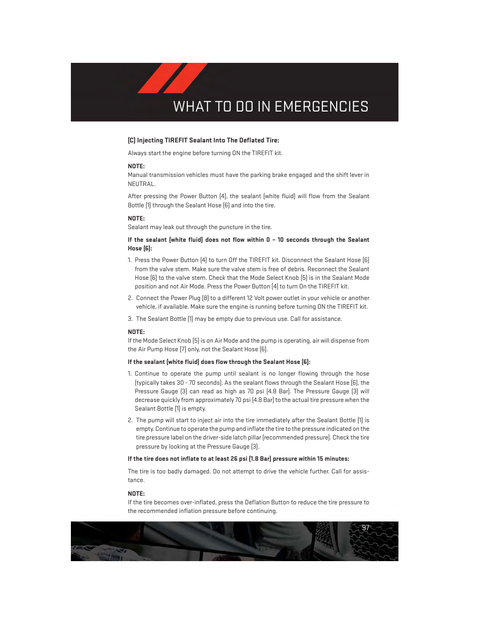 What to do in emergencies | Dodge 2014 Charger - User Guide User Manual | Page 99 / 148