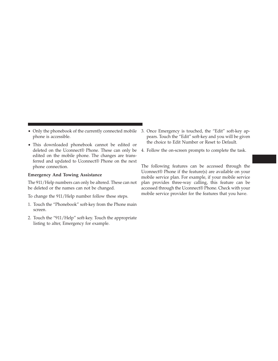 Emergency and towing assistance, Phone call features | Dodge 2014 Charger-SRT - Owner Manual User Manual | Page 139 / 620