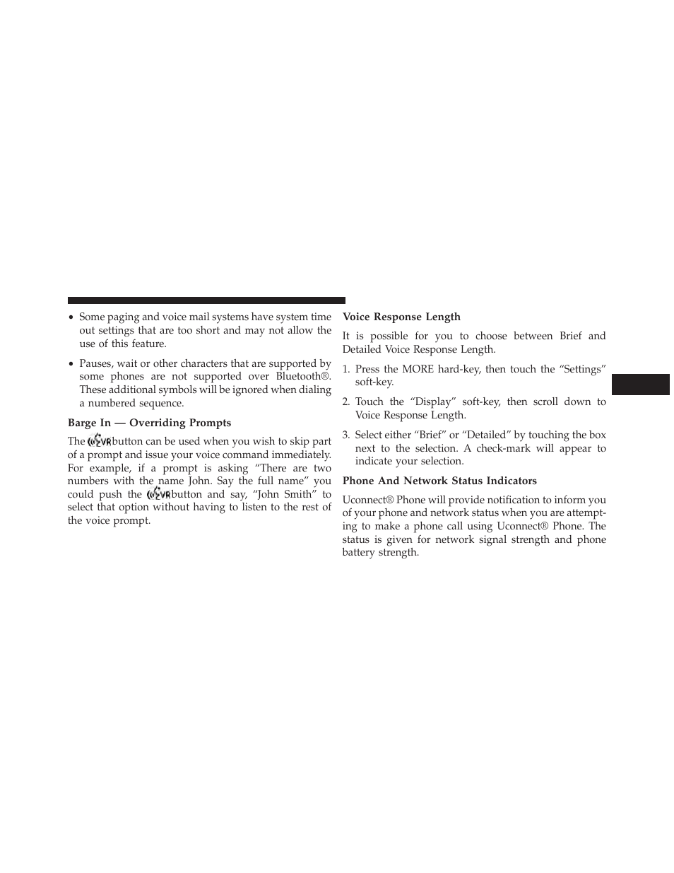 Barge in — overriding prompts, Voice response length, Phone and network status indicators | Dodge 2014 Charger-SRT - Owner Manual User Manual | Page 147 / 620