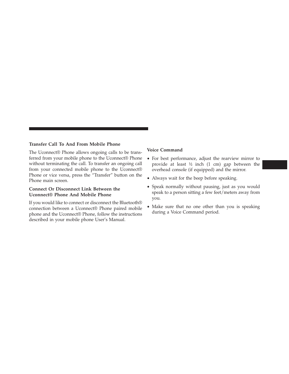 Advanced phone connectivity, Transfer call to and from mobile phone, Things you should know about your uconnect® phone | Voice command, Things you should know about your, Uconnect® phone | Dodge 2014 Charger-SRT - Owner Manual User Manual | Page 149 / 620