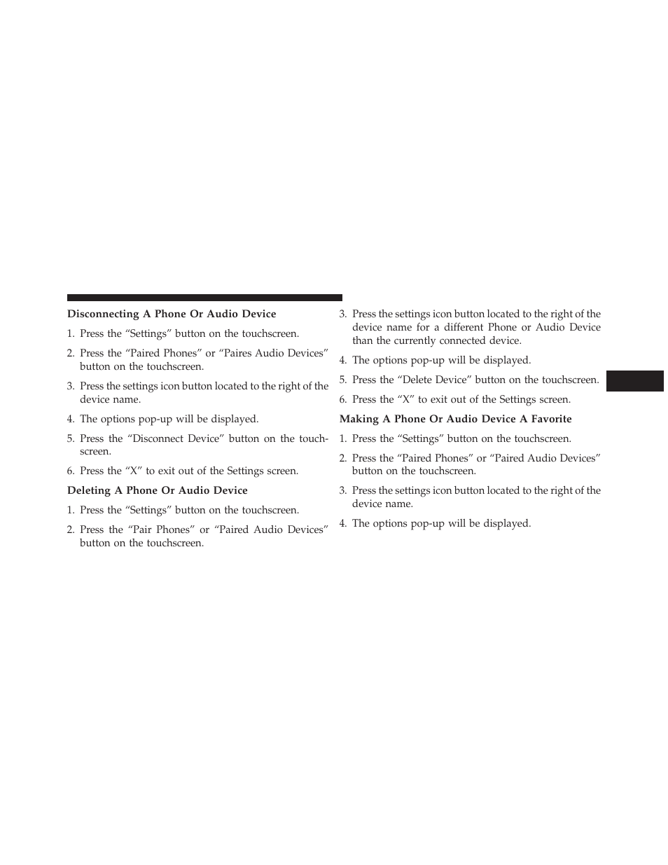 Disconnecting a phone or audio device, Deleting a phone or audio device, Making a phone or audio device a favorite | Dodge 2014 Charger-SRT - Owner Manual User Manual | Page 163 / 620