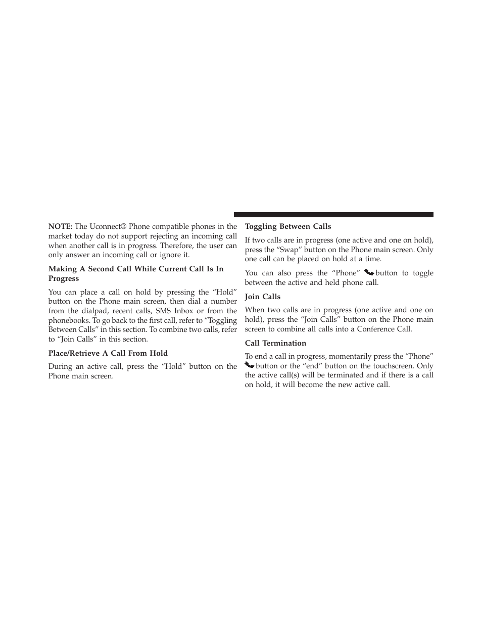 Place/retrieve a call from hold, Toggling between calls, Join calls | Call termination | Dodge 2014 Charger-SRT - Owner Manual User Manual | Page 172 / 620