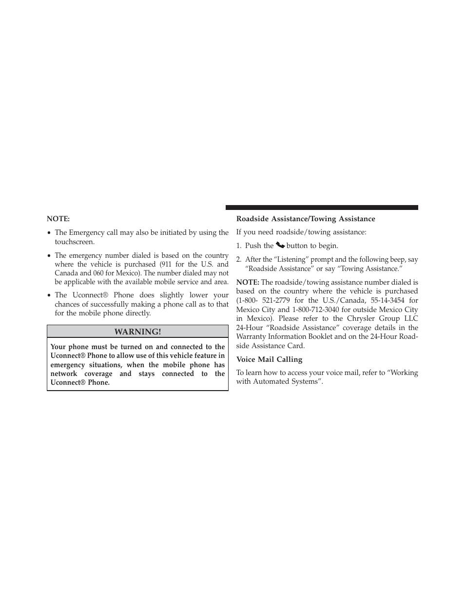 Roadside assistance/towing assistance, Voice mail calling | Dodge 2014 Charger-SRT - Owner Manual User Manual | Page 174 / 620