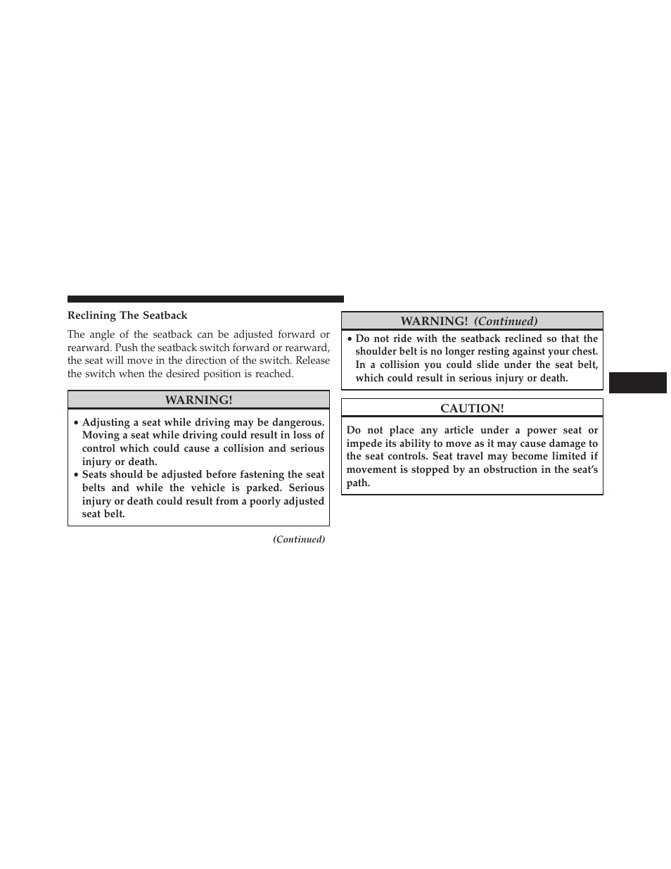 Reclining the seatback | Dodge 2014 Charger-SRT - Owner Manual User Manual | Page 207 / 620