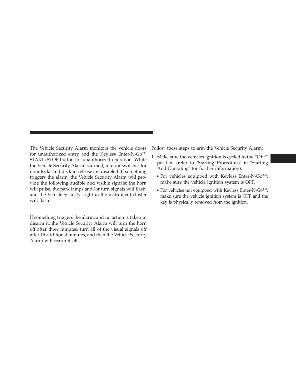 Vehicle security alarm — if equipped, Rearming of the system, To arm the system | Dodge 2014 Charger-SRT - Owner Manual User Manual | Page 21 / 620