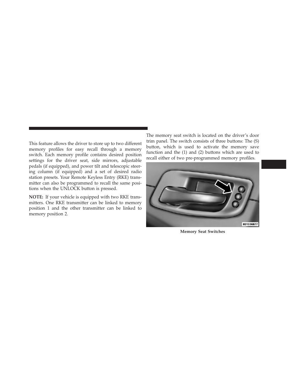 Driver memory seat — if equipped | Dodge 2014 Charger-SRT - Owner Manual User Manual | Page 217 / 620
