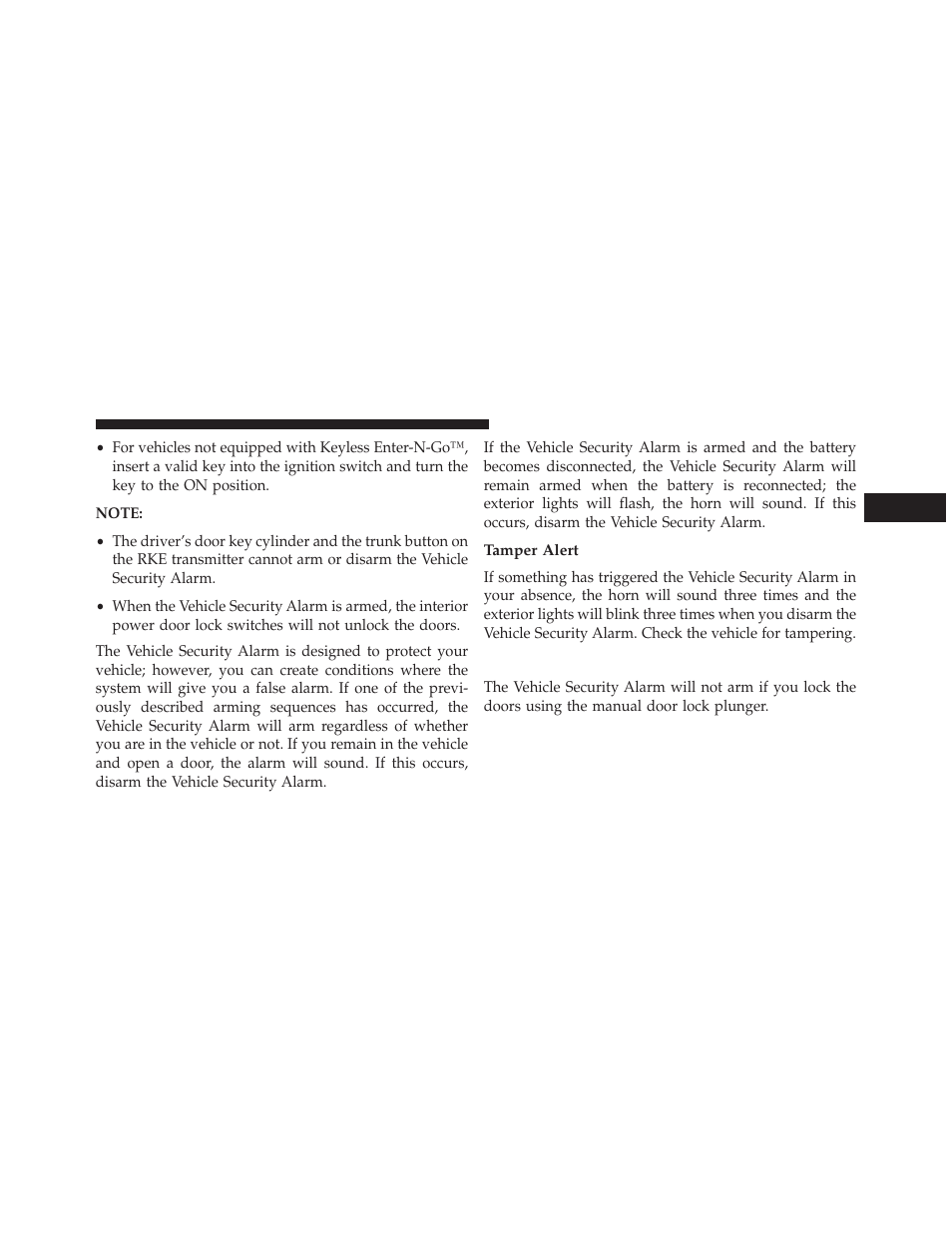 Tamper alert, Security system manual override | Dodge 2014 Charger-SRT - Owner Manual User Manual | Page 23 / 620