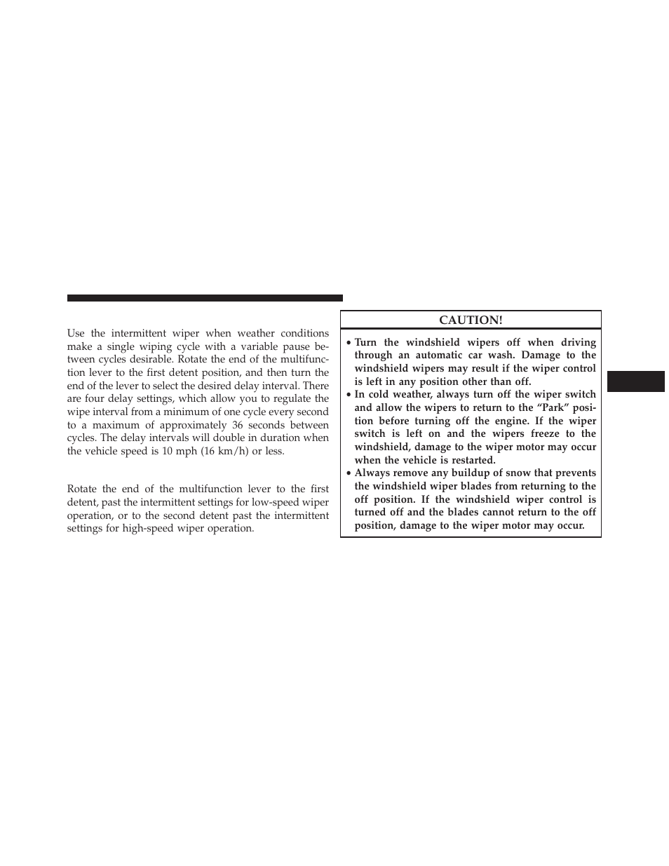 Intermittent wiper system, Wiper operation | Dodge 2014 Charger-SRT - Owner Manual User Manual | Page 233 / 620