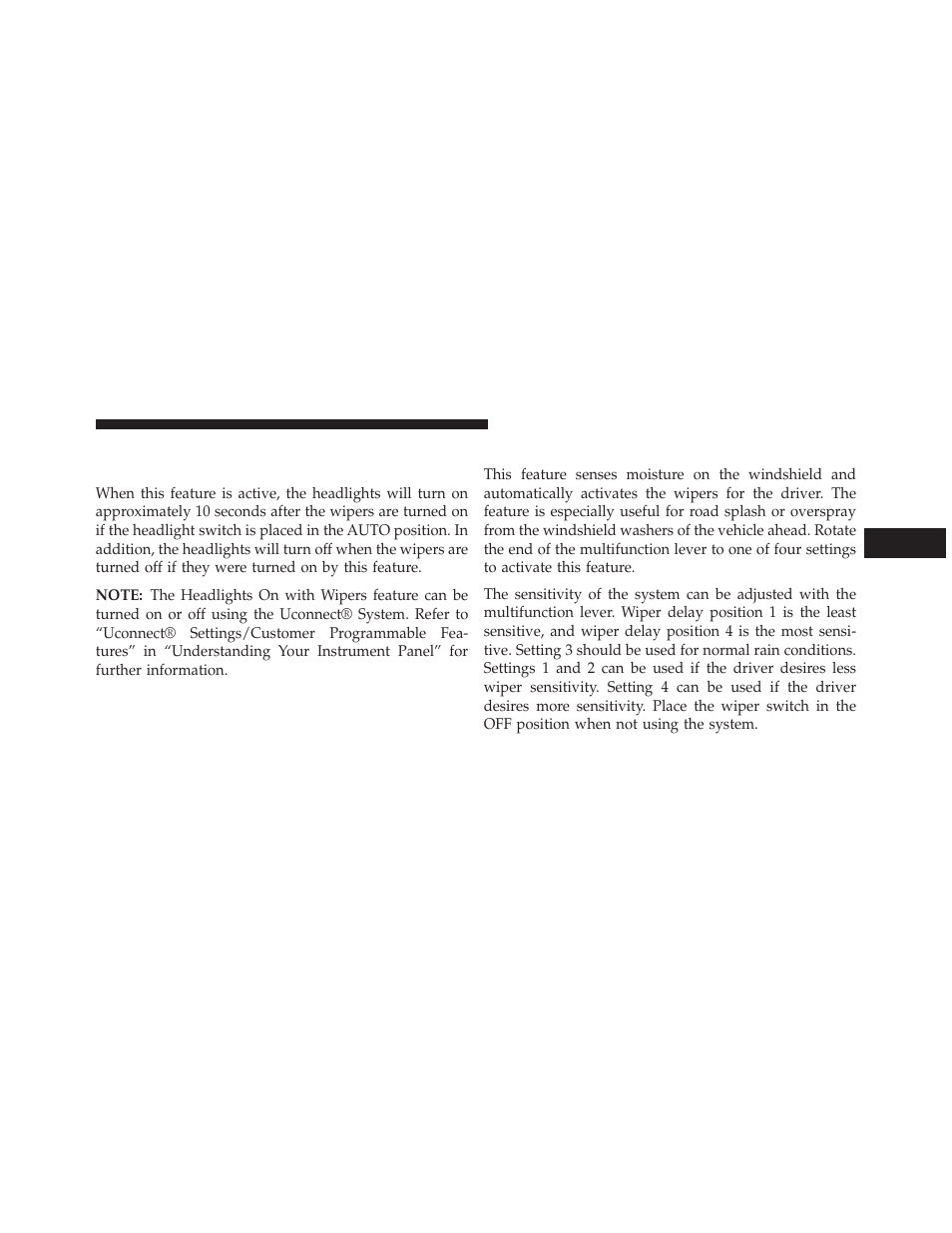 Rain sensing wipers — if equipped, Headlights on with wipers (available with, Automatic headlights only) | Dodge 2014 Charger-SRT - Owner Manual User Manual | Page 235 / 620