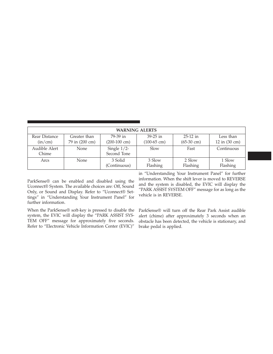 Enabling and disabling parksense, Rear park assist audible alerts | Dodge 2014 Charger-SRT - Owner Manual User Manual | Page 279 / 620