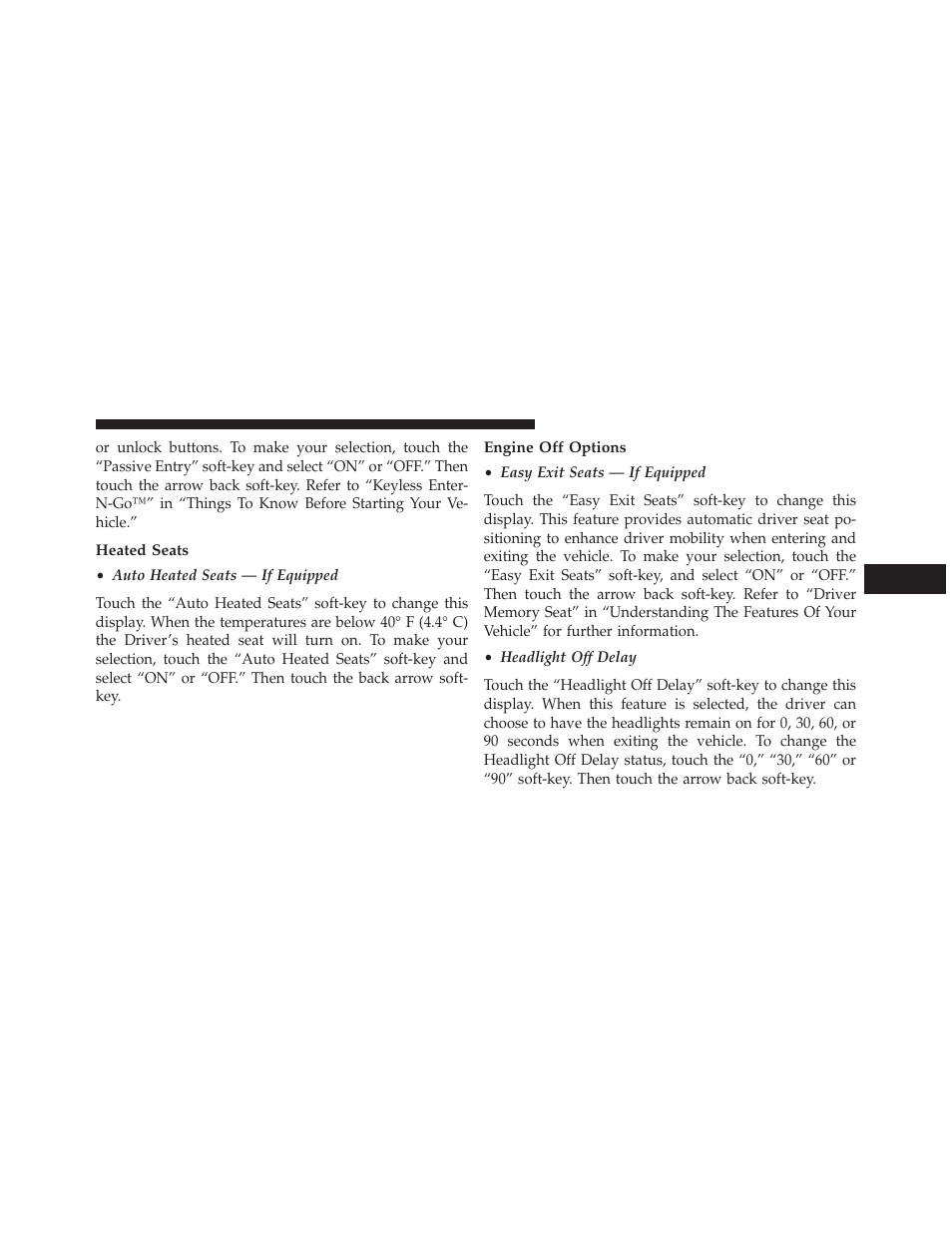 Heated seats, Engine off options | Dodge 2014 Charger-SRT - Owner Manual User Manual | Page 357 / 620