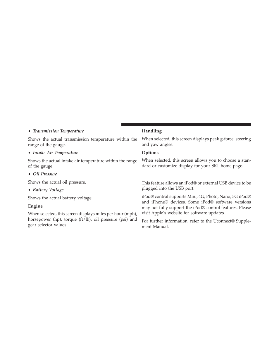 Engine, Handling, Options | Ipod®/usb/mp3 control | Dodge 2014 Charger-SRT - Owner Manual User Manual | Page 380 / 620