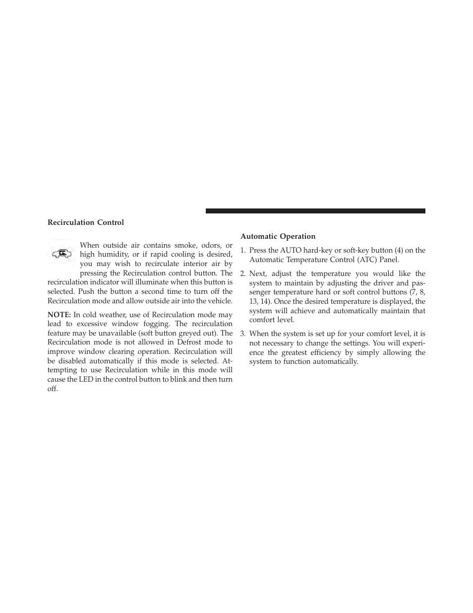 Recirculation control, Automatic temperature control (atc), Automatic operation | Dodge 2014 Charger-SRT - Owner Manual User Manual | Page 394 / 620