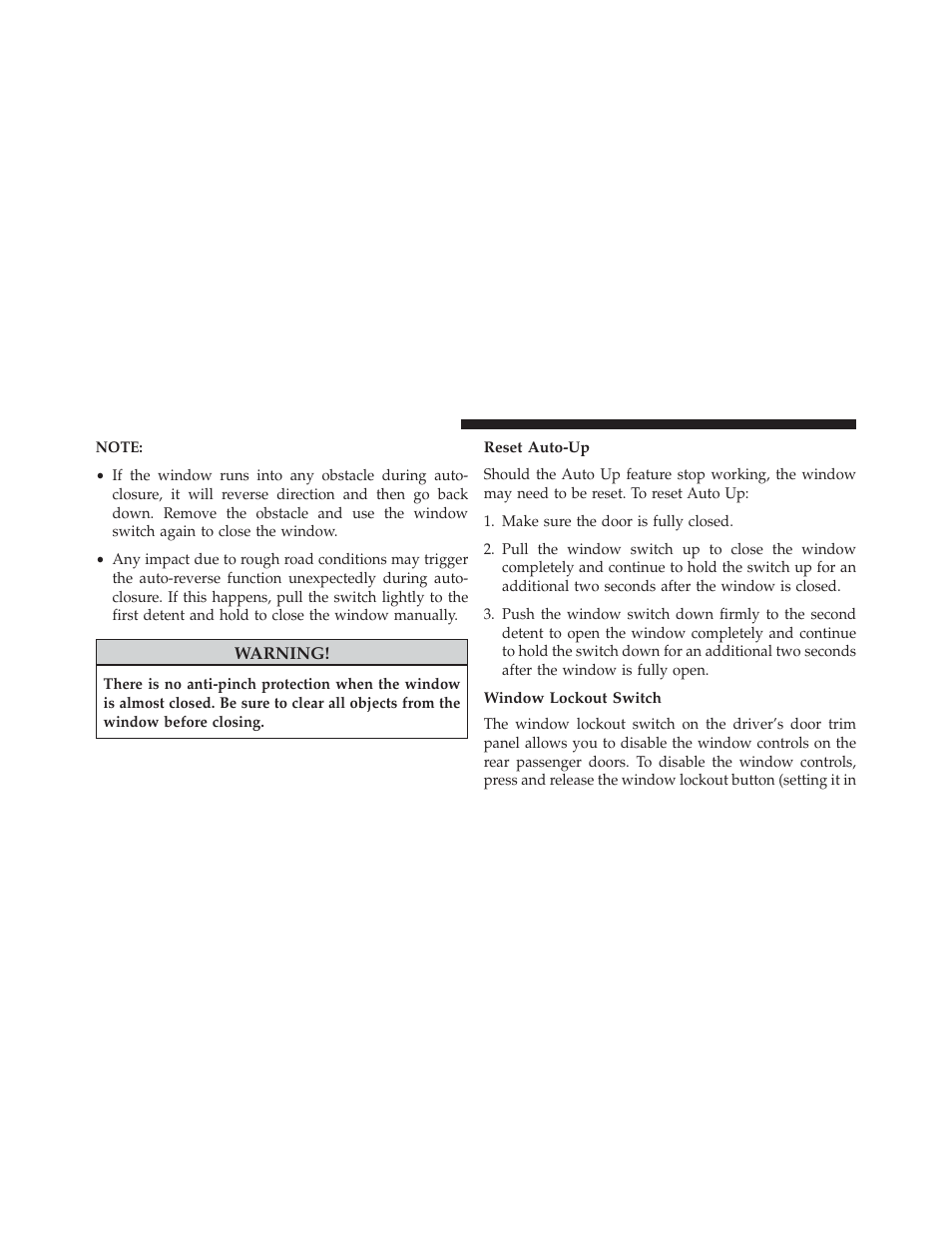 Reset auto-up, Window lockout switch | Dodge 2014 Charger-SRT - Owner Manual User Manual | Page 46 / 620