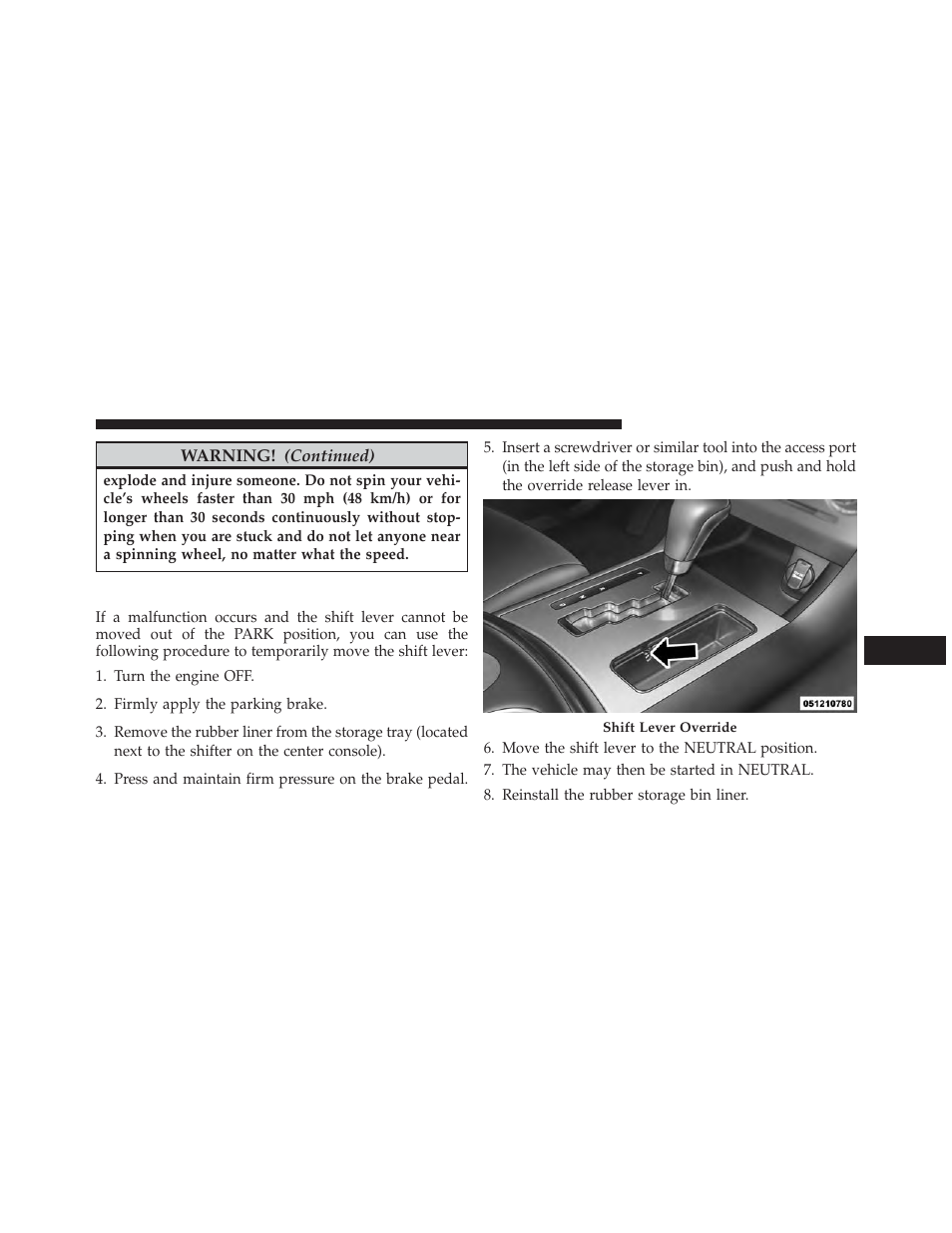 Shift lever override | Dodge 2014 Charger-SRT - Owner Manual User Manual | Page 509 / 620