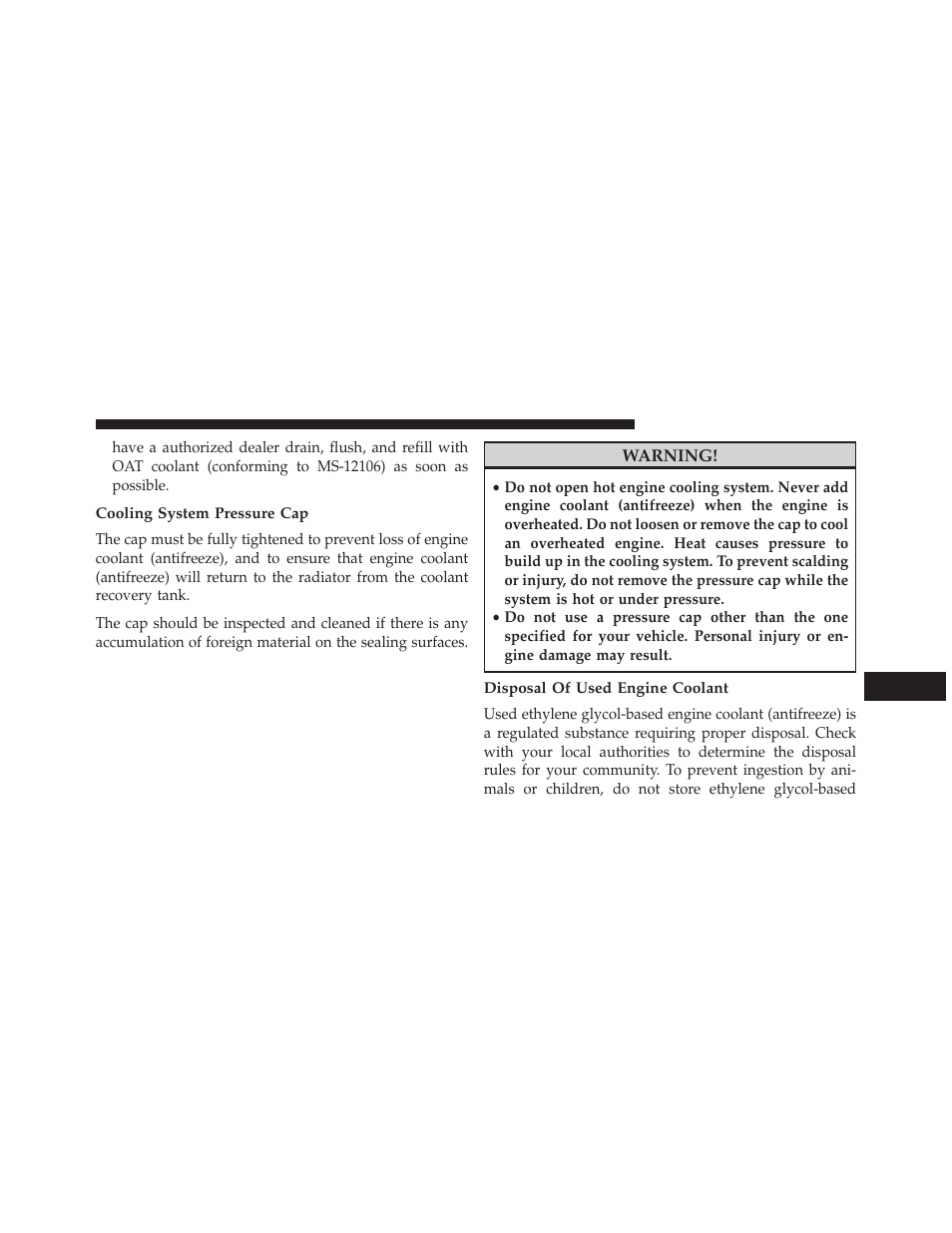 Cooling system pressure cap, Disposal of used engine coolant | Dodge 2014 Charger-SRT - Owner Manual User Manual | Page 535 / 620