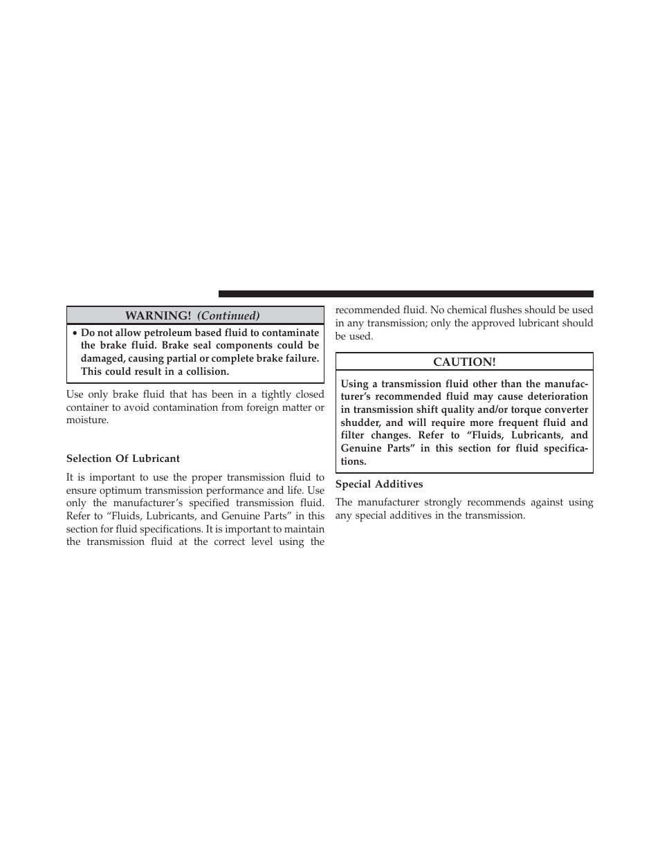 Automatic transmission, Selection of lubricant, Special additives | Dodge 2014 Charger-SRT - Owner Manual User Manual | Page 540 / 620