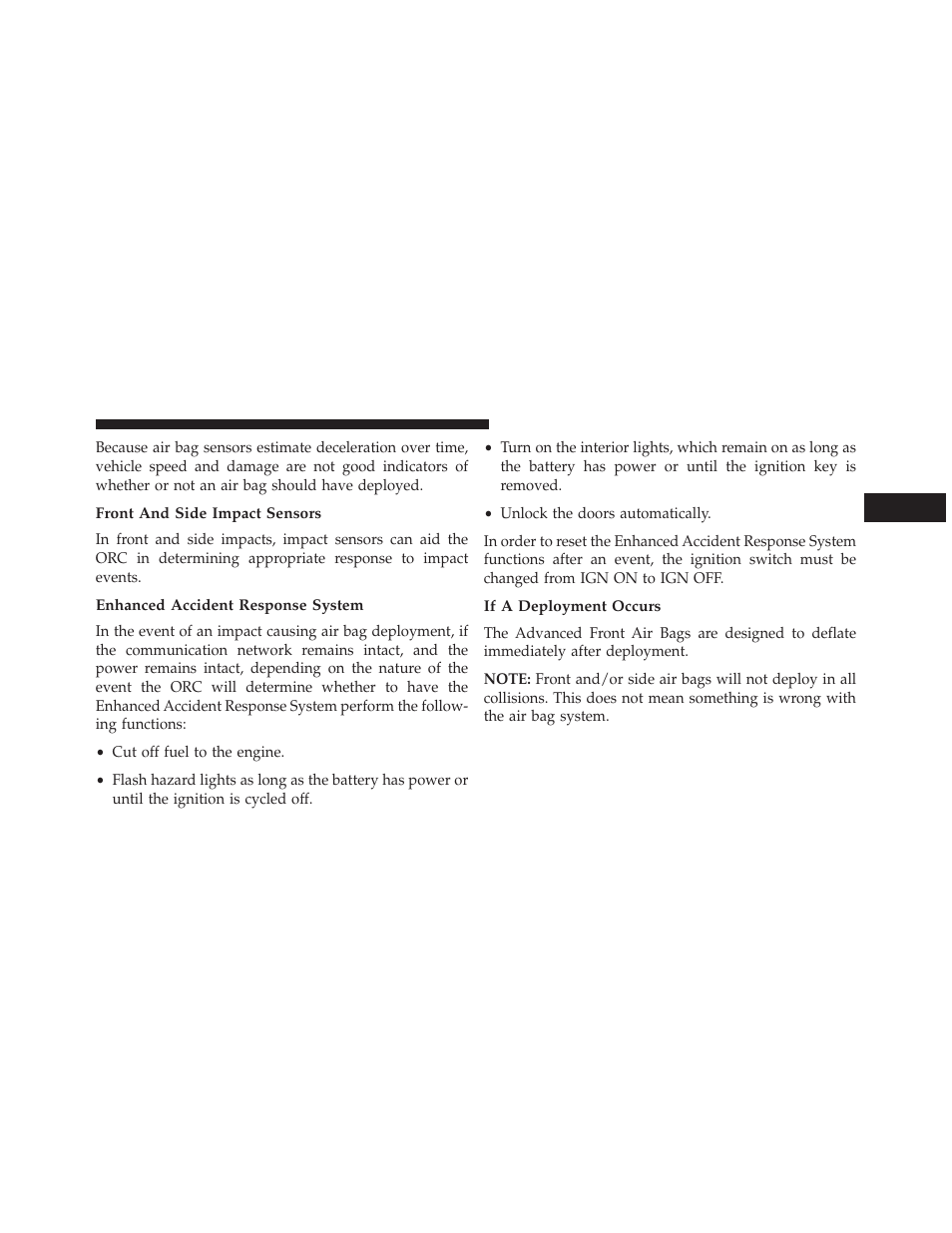 Front and side impact sensors, Enhanced accident response system, If a deployment occurs | Dodge 2014 Charger-SRT - Owner Manual User Manual | Page 75 / 620