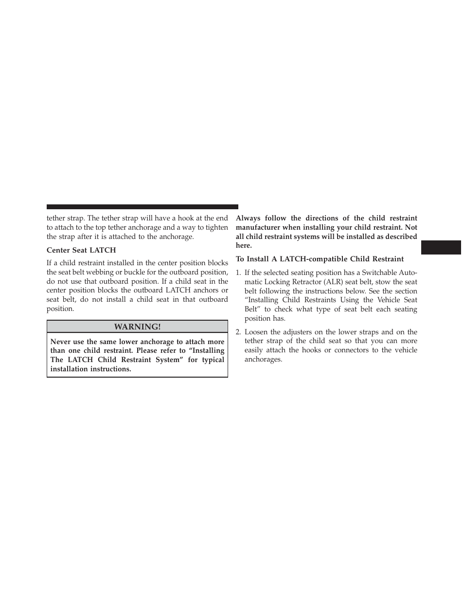 Center seat latch, To install a latch-compatible child restraint | Dodge 2014 Charger-SRT - Owner Manual User Manual | Page 93 / 620