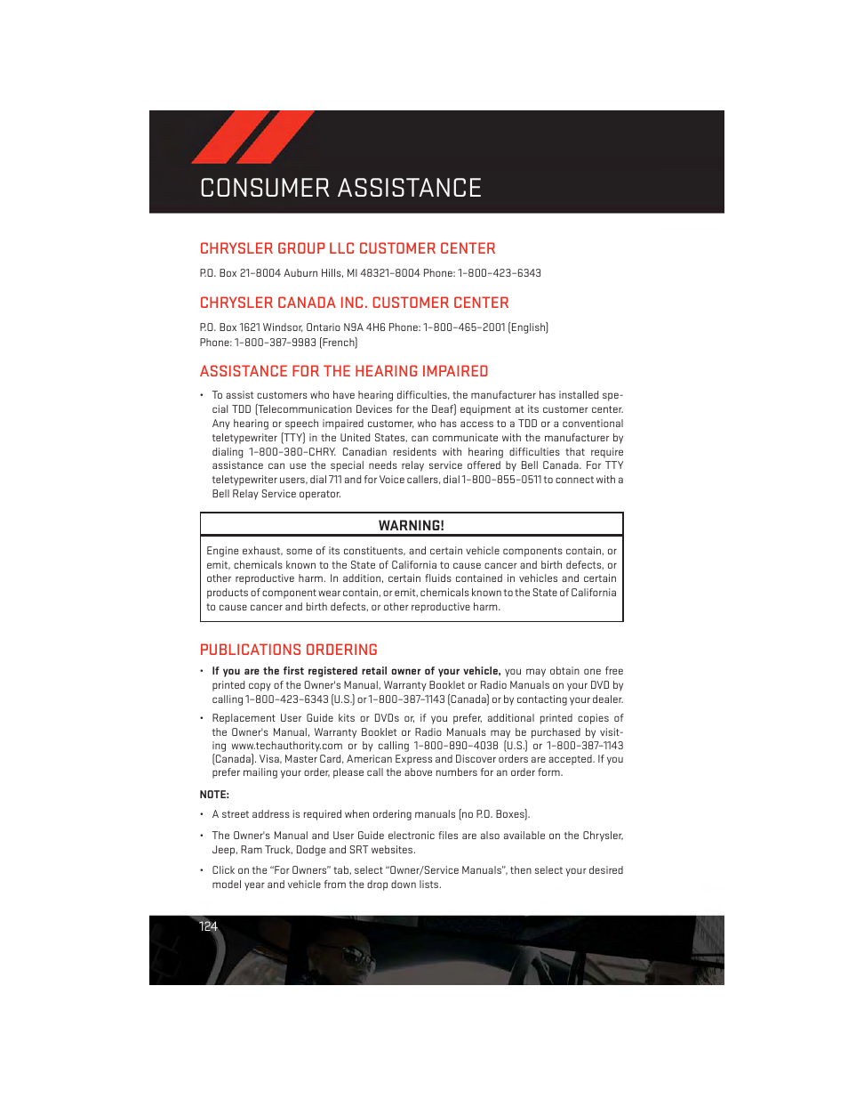 Consumer assistance, Chrysler group llc customer center, Chrysler canada inc. customer center | Assistance for the hearing impaired, Publications ordering | Dodge 2014 Charger-SRT - User Guide User Manual | Page 126 / 140