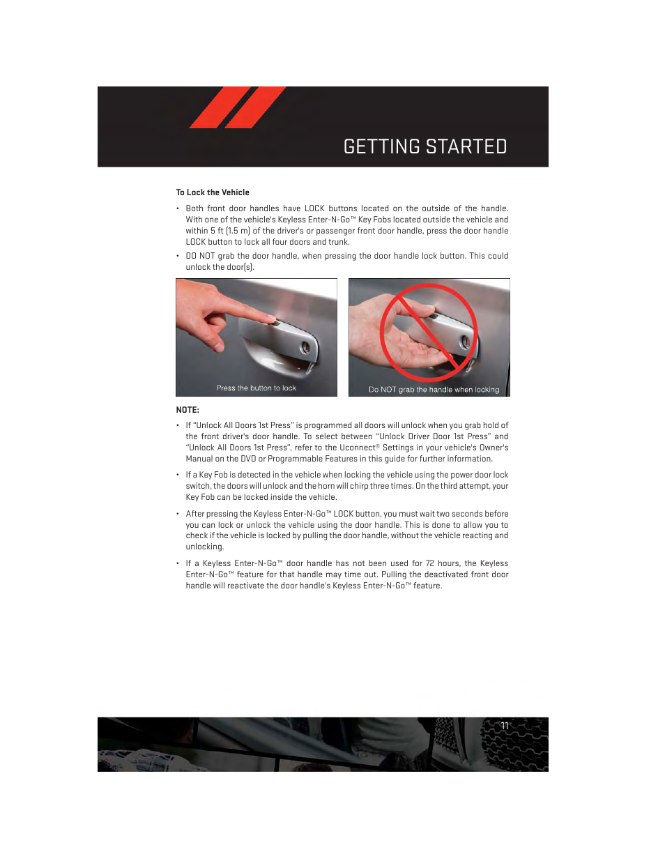 To lock the vehicle, Getting started | Dodge 2014 Charger-SRT - User Guide User Manual | Page 13 / 140