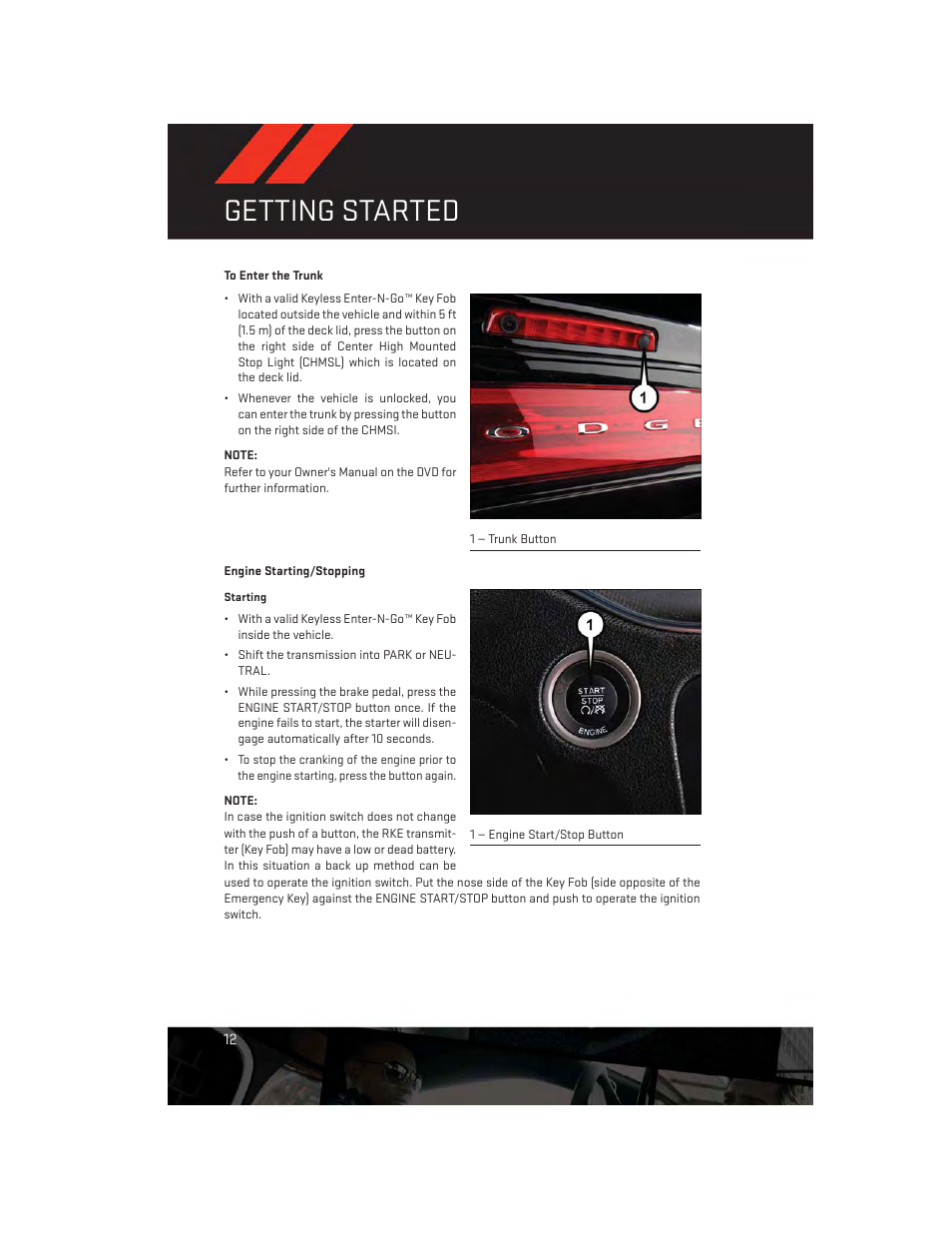 To enter the trunk, Engine starting/stopping, Getting started | Dodge 2014 Charger-SRT - User Guide User Manual | Page 14 / 140