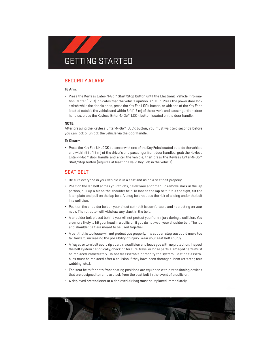 Security alarm, To arm, To disarm | Seat belt, Getting started | Dodge 2014 Charger-SRT - User Guide User Manual | Page 16 / 140