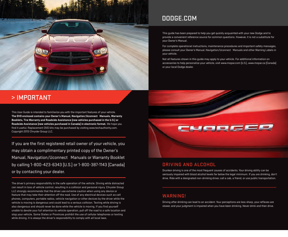 Important, Warning, Driving and alcohol | Dodge 2014 Charger-SRT - User Guide User Manual | Page 2 / 140