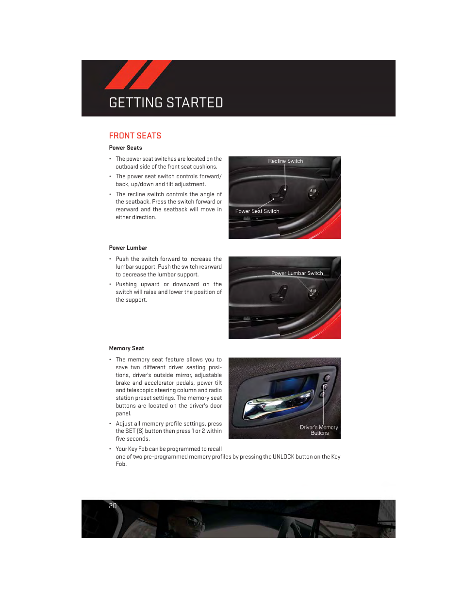 Front seats, Power seats, Power lumbar | Memory seat, Getting started | Dodge 2014 Charger-SRT - User Guide User Manual | Page 22 / 140